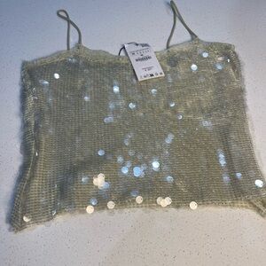 ZARA Sheer Sequin Mesh Crop Cami Top Sage Green Lace Trim Size M NWT